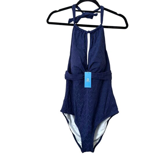 CUPSHE Jacquard Halter One Piece Navy NWT XL - Picture 2 of 6